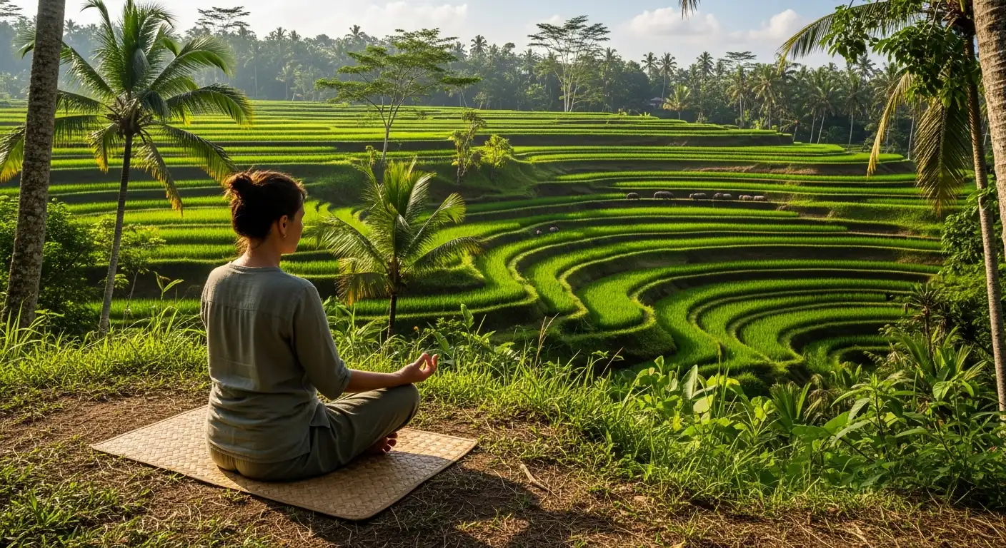 Deep breathing practice beside Ubud rice terraces