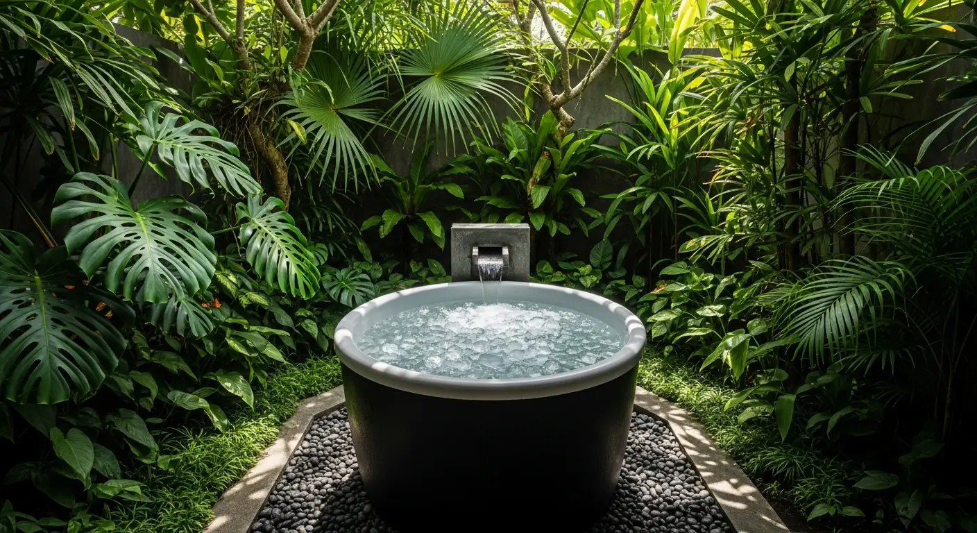 Ice bath cold exposure in a Bali garden