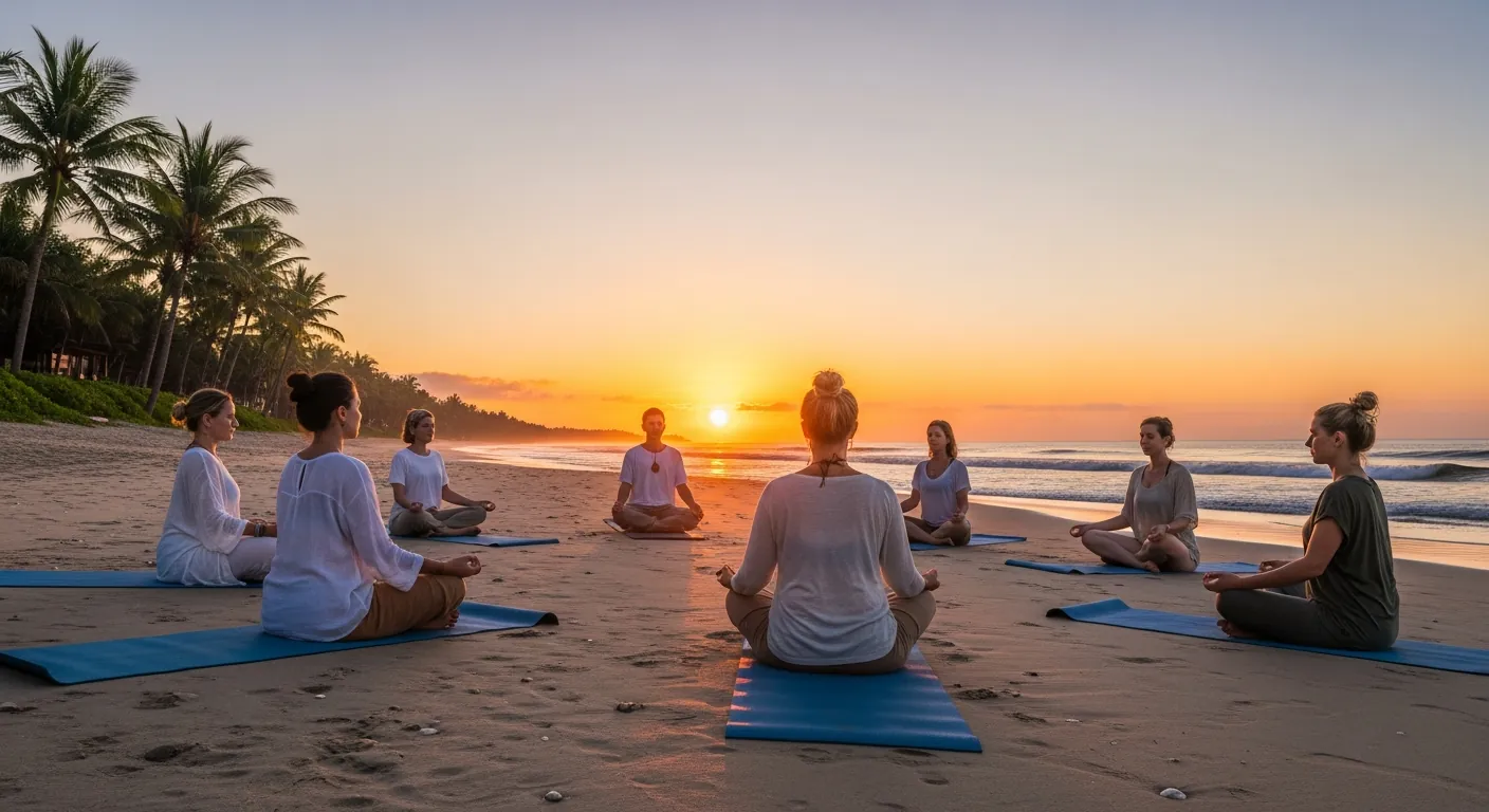 Sunrise meditation circle on a Bali beach